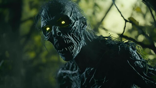 A towering greenskinned ghoul lurks in a grove of derelict trees its yellow eyes shining in the moonlight.