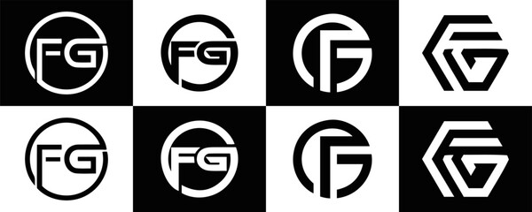  FG logo. F G design. White FG letter. FG, F G letter logo design. F G letter logo design in FIVE, FOUR, THREE, style. letter logo set in one artboard. F G letter logo vector design.	
