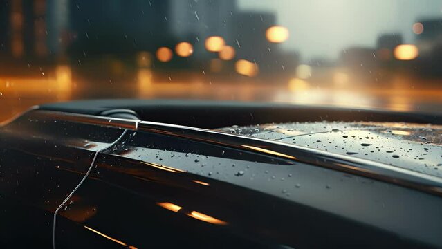 Closeup of the rain hitting the roof of a luxurious convertible, revealing its impeccable engineering and craftsmanship.