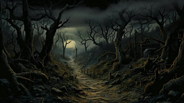 A desolate forest path bordered by twisted spindly trees a cloudy sky above full of nocturnal creatures and a faint howling in the distance.