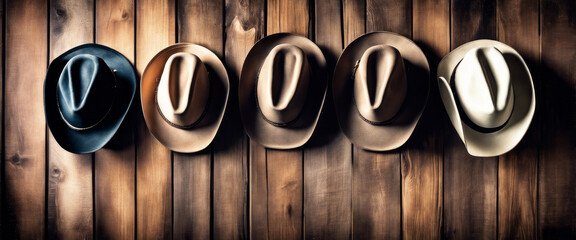 Five cowboy hats of different colors aligned horizontally against a vignette wooden backdrop. - obrazy, fototapety, plakaty