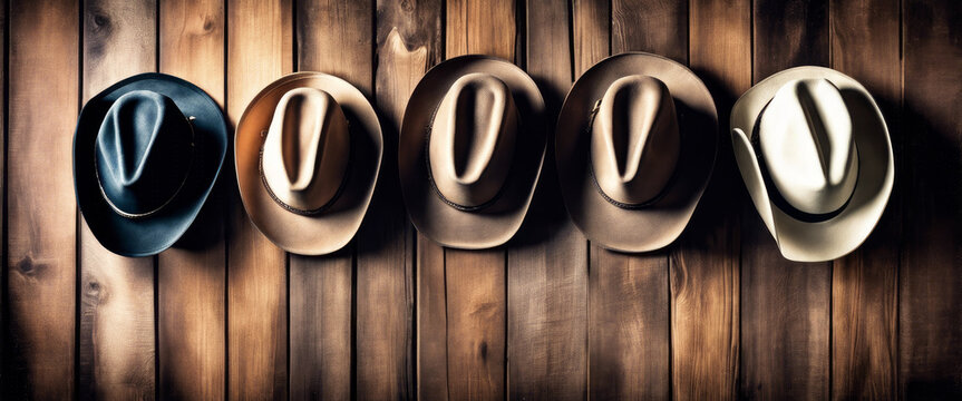 Five cowboy hats of different colors aligned horizontally against a vignette wooden backdrop.