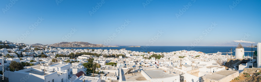 Poster mykonos village skyline view. mykonos island. greece