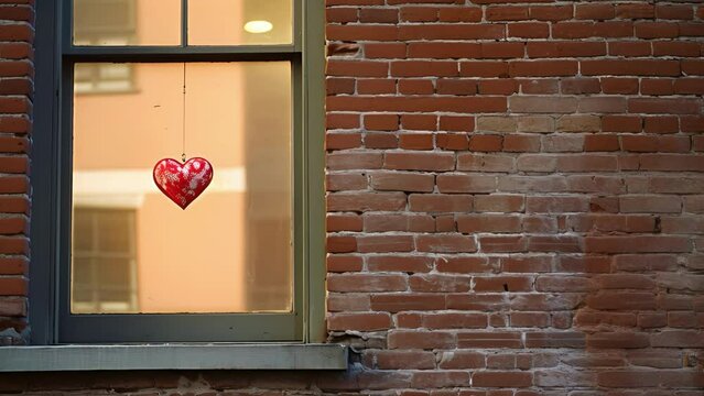 A lone flickering window in an old brick building catches the eye on a deserted street, as if signaling to a secret rendezvous on this special day of love in the city.