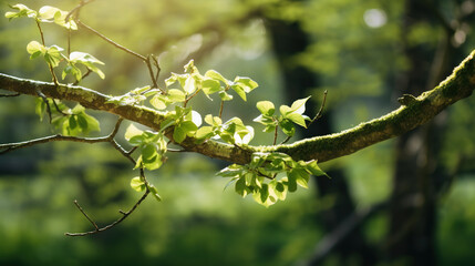 A twig with the first green leaves in spring