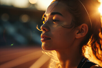 A beautiful young woman, either an athlete or teammate, emphasize the joy and pride in her face by utilizing a close-up shot to capture the intimacy of the moment. 