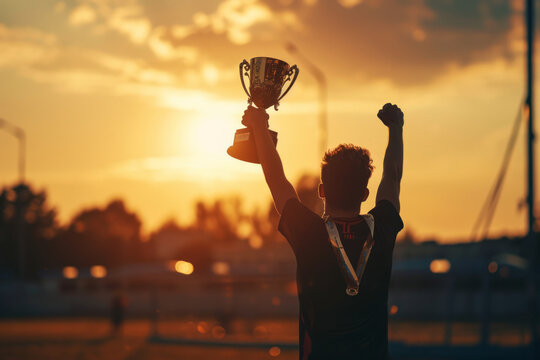 Showcase the symbolic gesture of victory as a champion lifts a trophy high in the air. Emphasize the honor and achievement in the athlete's expression. 