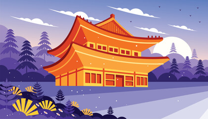 Korean Culture Building Nature View Illustration