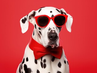 portrait photo of fashion Dalmatian Dog dressed for Valentine's Day, isolated on red color background, with copy space