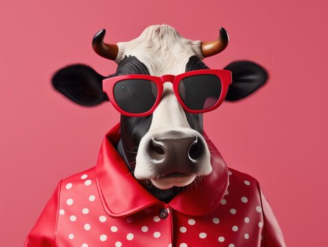 portrait photo of anthropomorphic fashion Cow dressed for Valentine's Day, isolated on pink color background, with copy space