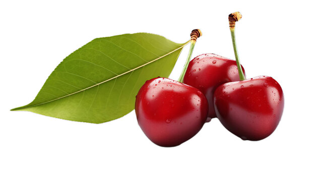 Vibrant Cherry with Leaf on a white background