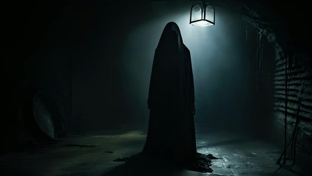 A dimly lit chamber a hooded figure with sunken holloweyed sockets and an ominous presence lurking in the shadows.