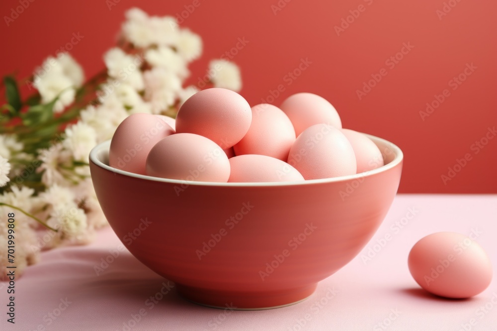 Poster Eggs in trendy colors. Background with selective focus and copy space