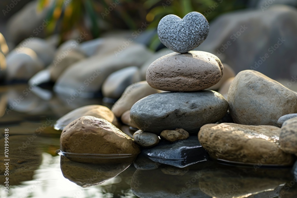 Aufkleber a cairn with a heart-shaped stone on top. background with selective focus and copy space