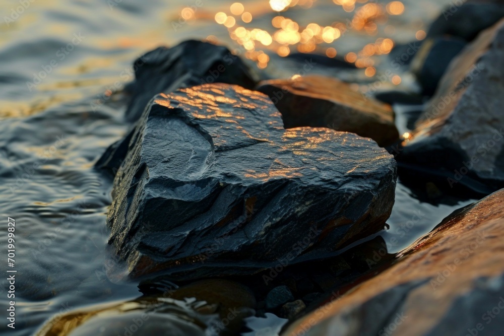 Poster heart-shaped stone in a mountain stream. background with selective focus and copy space