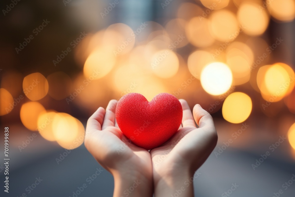 Poster heart in hands. background with selective focus and copy space