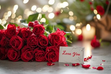 Note Love You in a romantic atmosphere with roses. Backdrop with selective focus and copy space