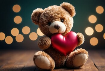 Fototapeta premium Teddy bear with a heart. Backdrop with selective focus and copy space
