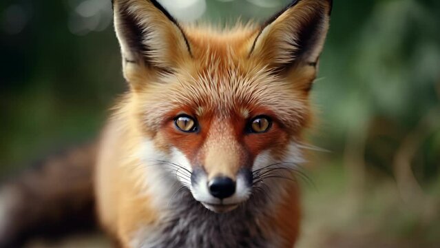 Extreme closeup of a red foxs curious stare, its ears perked and head tilted as it observes its environment.
