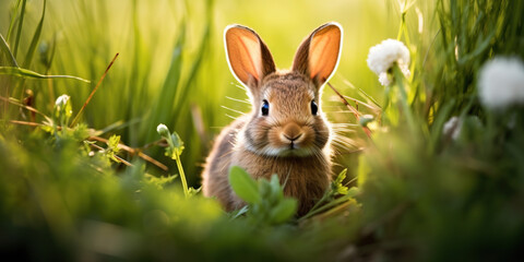 A cute rabbit in the grass fields on a spring day