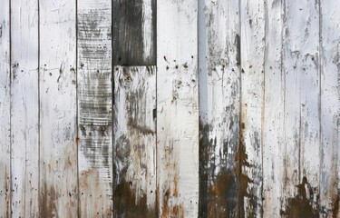 Fototapeta na wymiar Weathered wooden boards with peeling white paint, embodying a shabby chic aesthetic for design and decor.