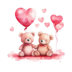 Two watercolor teddy bears with heart shaped balloons