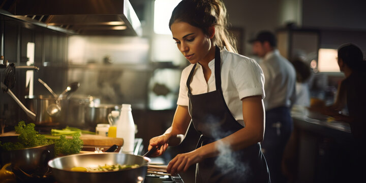 A female chef is cooking in the kitchen