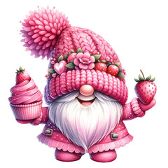 Cute Gnome Cupcake Strawberry Valentine's Day Clipart Illustration