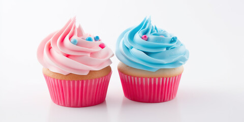 Cupcakes with blue and pink decoration on white background, close up view. Gender reveal party