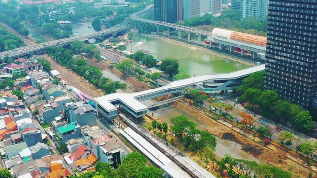 Dukuh Atas, Jakarta Indonesia 2023. Aerial view of dukuh atas integrated transportation area, LRT Jabodebek  arrival and KRL departure