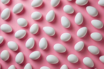 Pattern of pink and white Easter eggs over pink background.
