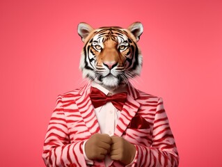 portrait photo of anthropomorphic fashion Tiger dressed for Valentine's Day, isolated on red color background, with copy space