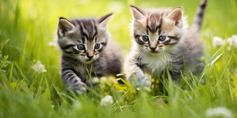 Playful kittens in grass frolicking forward