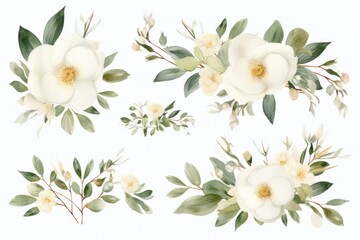 Elegant botanical illustration in retro style. Watercolor white and green floral pattern.
