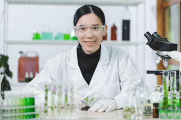 Scientist or medical technician working, having a medical discuss, senior female scientist supervisor in the laboratory reading a test samples and innovation, Asian woman worker