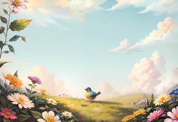 illustration spring flower and bird landscape with copy space ai generated