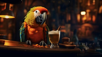 Naklejka premium Parrot drinking a cocktail in a bar, tropical cocktail, tropical event, paradise island, tropical themed party, parakeet with a cocktail glass, pirate themed bar, pirate party