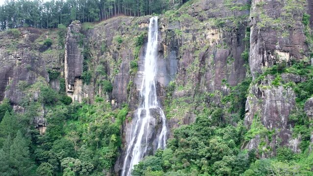 Bambarakanda Falls is the highest and most beautiful waterfall in Sri Lanka. Top view, aerial video filming.