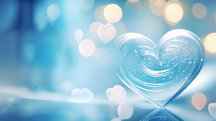 A single heart, glowing in a soft blue hue, gracefully gliding and twirling to the sound of a soothing love song.