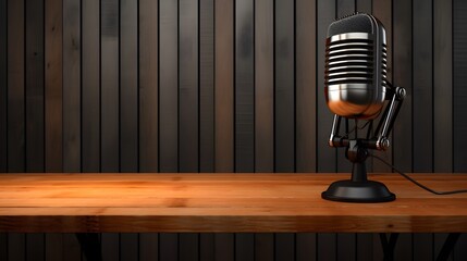 Podcasting and radio concept with retro microphone and headphones on empty wooden table and dark...