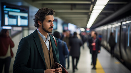 young man with nice hair in business casual attire waiting at a train stop after a long day of office work - obrazy, fototapety, plakaty