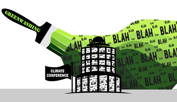 Greenwashing Conference Hall being painted environmentally green with blah Blah greenwashing paintbrush concept illustration misleading information