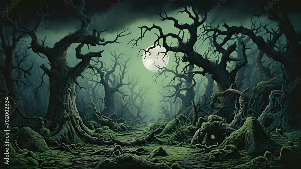 Poster withered gnarled trees caked in dead moss illuminated by a moonlight creating a surreal otherworldly