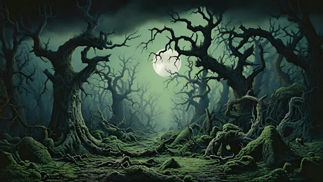 Withered gnarled trees caked in dead moss illuminated by a moonlight creating a surreal otherworldly atmosphere.