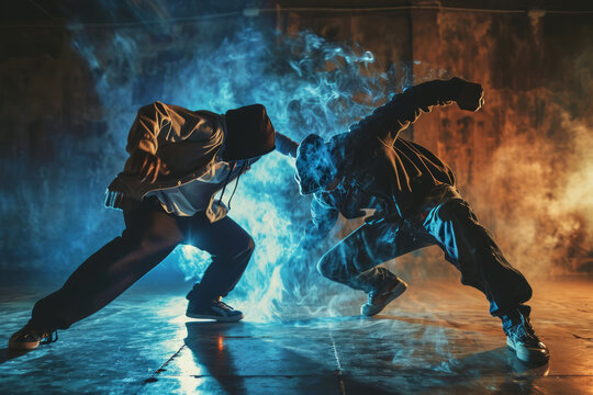 Illustrate the intensity of a breaking battle moment as two dancers face off. Emphasize the competitive spirit and creativity in their movements.