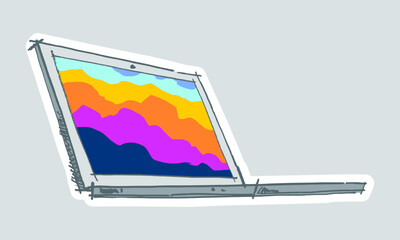 Laptop with color display screen. Technology concept, hand-drawn in ink. Single object rounded by white on light color background.