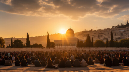 Muslim Islamic religious people praying during the traditional Ramadan at the Dome of the Rock in Jerusalem