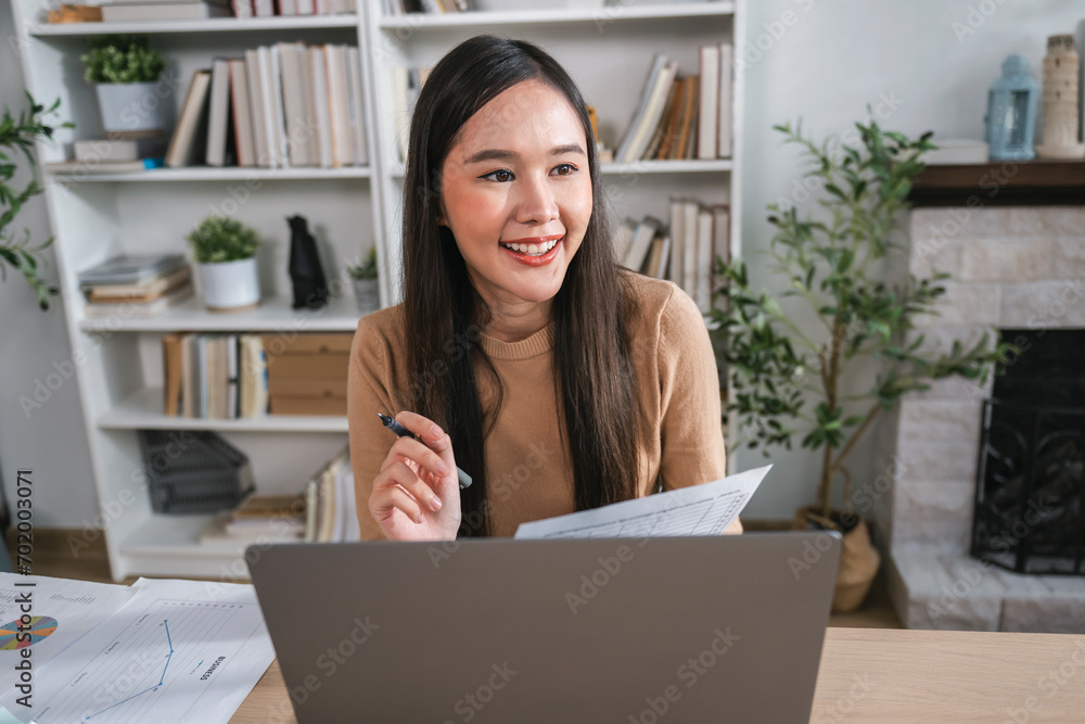 Poster accountant or auditor working with computer in office