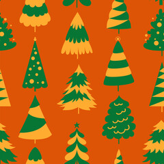 New Year tree Christmas repeat background. Abstract xmas traditional symbol trendy boundless seamless pattern. Noel pine wood endless design for paper print, wrapper packaging, backdrop template