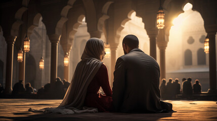 Young Muslim couple praying Islamic tradition sharing the religious culture of Ramadan Muslim lifestyle